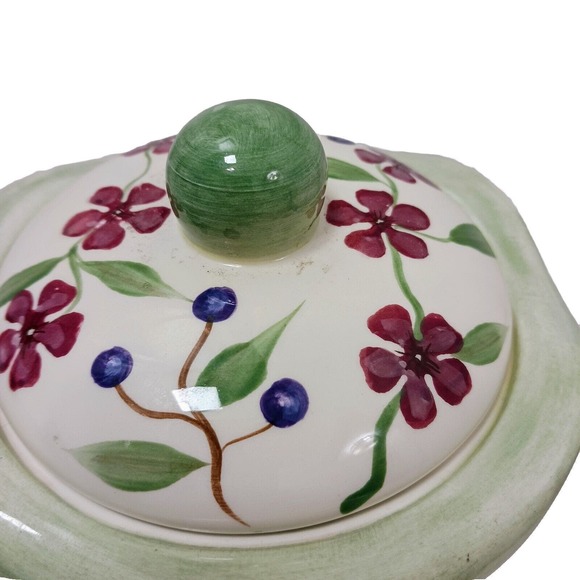 Vntg Hand Painted Ceramic Canister w Lid Butterfly Berries Flowers WHITE GREEN - Picture 2 of 16